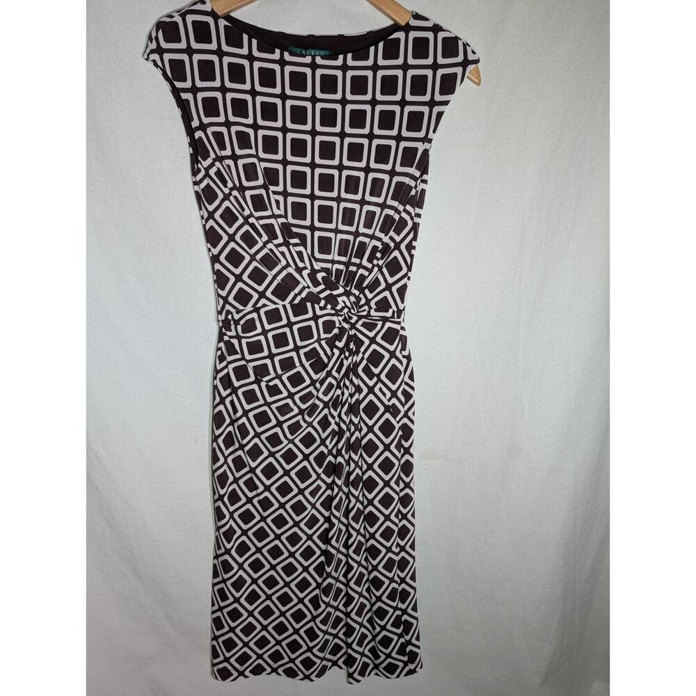Lauren Ralph Lauren Womens Twist Front Sheath Dress Sz 2‎ Geometric Print Brown